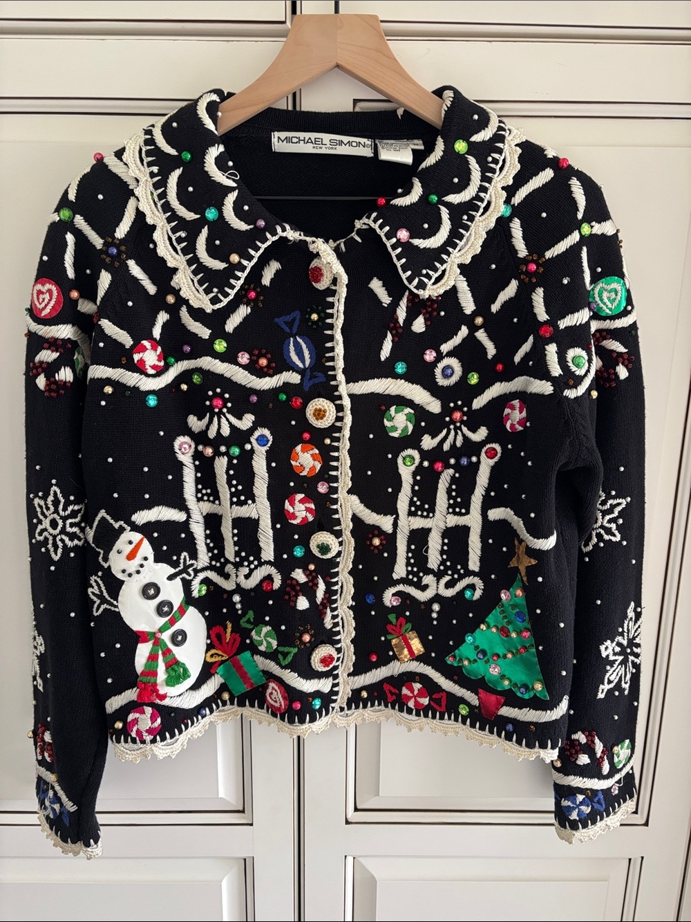 Vtg Michael Simon Christmas Cardigan Sweater 1995 Crochet Embroidered Womens M